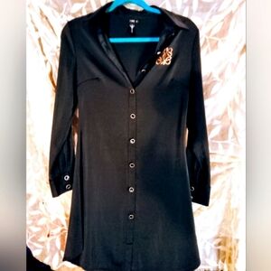 Top Secret Society Shirt Dress, Black&Gold, Button Up, Scalloped Hem, Size Small